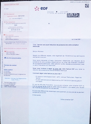 EDF lettre anonyme de menance du 12 mai 2026