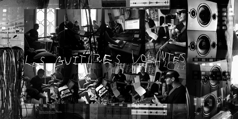Les Guitares Volantes quartet in 2023 during a recording session in the centre of spatial music: an icon of the poster